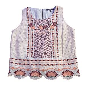 Code Womens White Boho Embroidered Floral Sleeveless Cotton Top, Size 12